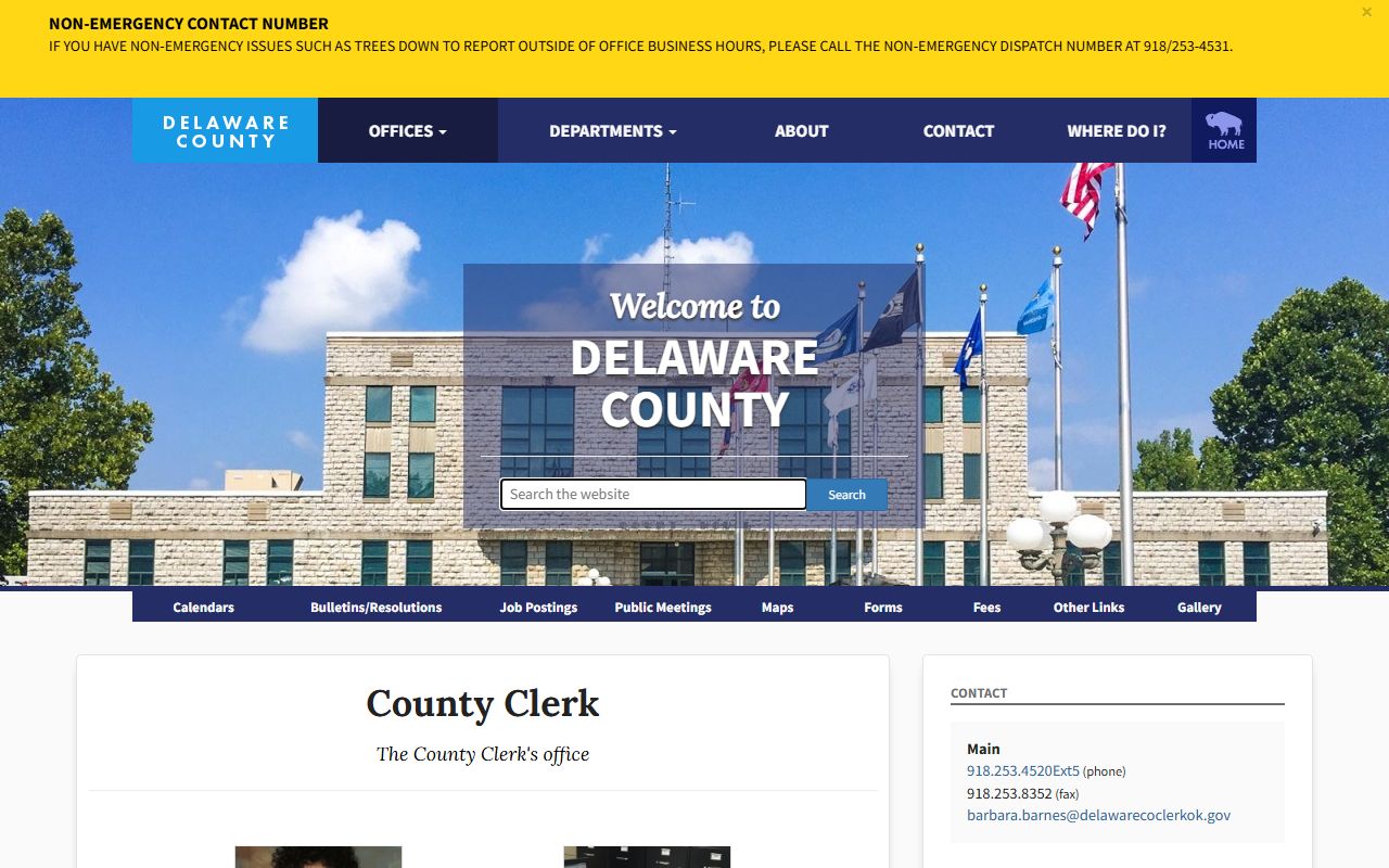 Delaware County Clerk office page showing recording duties and land record search links