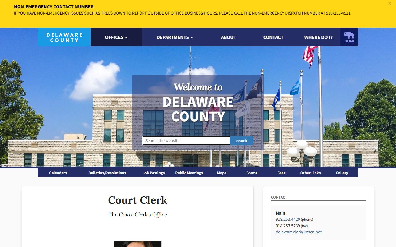 Delaware County Court Clerk office page with contact details and court record duties