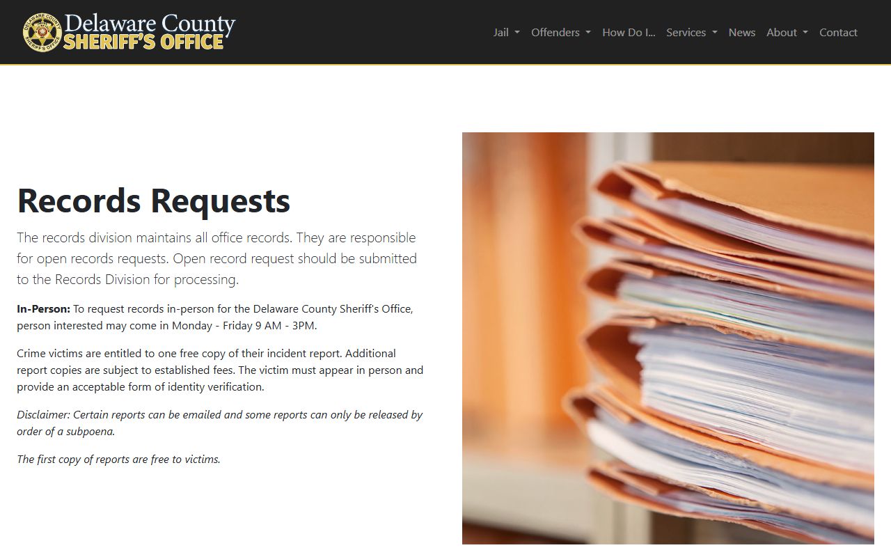 Delaware County Sheriff records request page for arrest and charge records