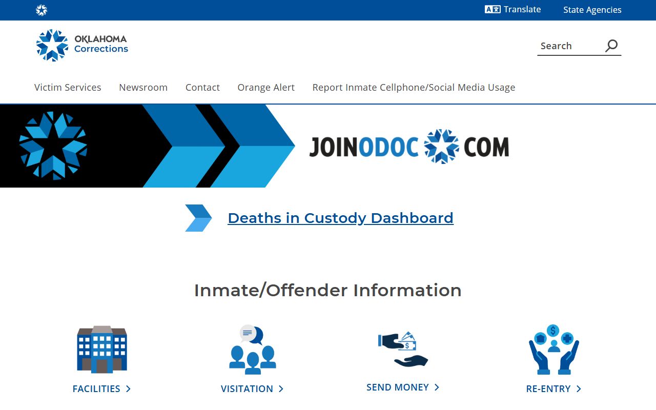 Oklahoma Department of Corrections homepage linked from Delaware County arrest and charge records
