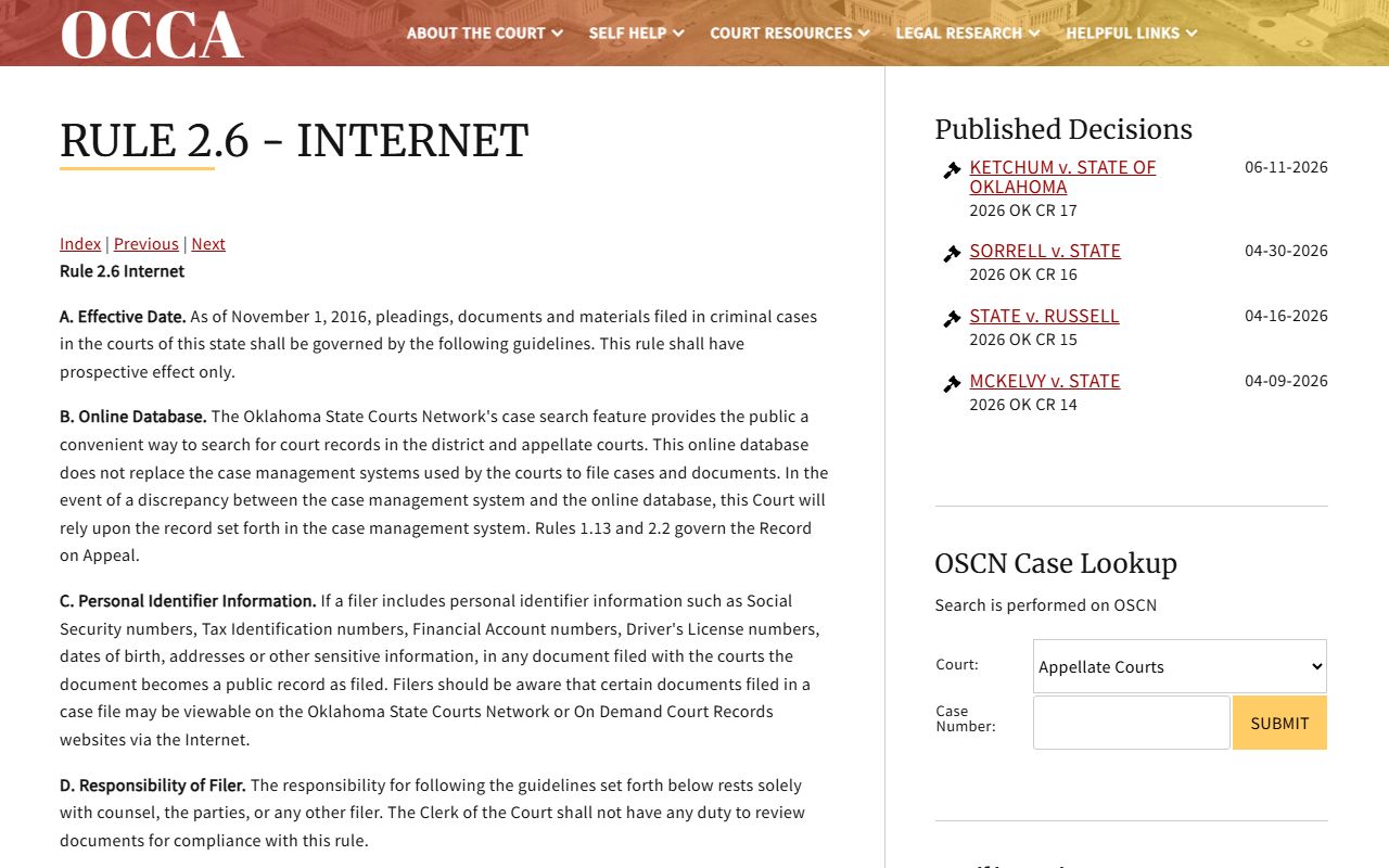 Delaware County criminal court records OCCA Rule 2.6 online case access