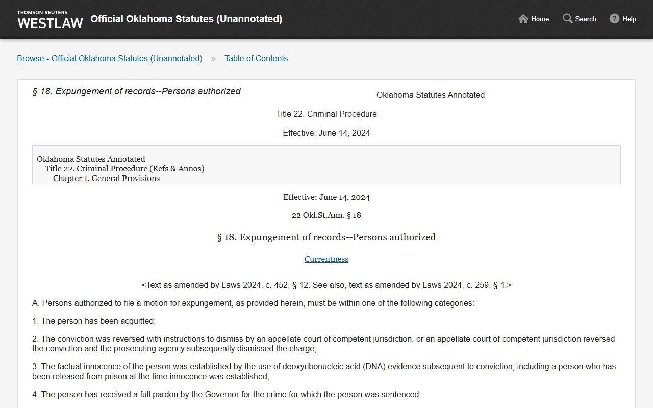 Delaware County criminal court records Oklahoma expungement statute 22 O.S. Section 18