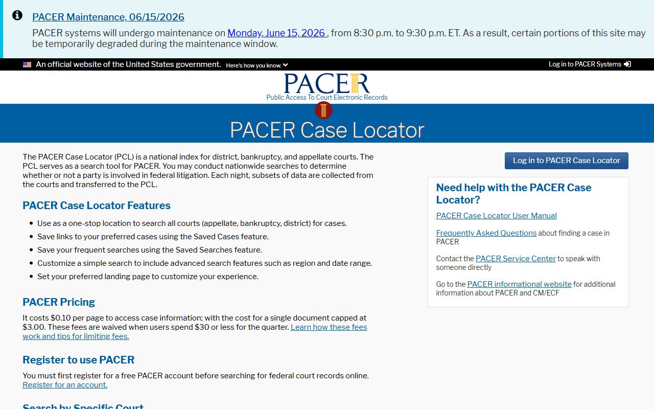 PACER Case Locator for federal court records affecting Delaware County