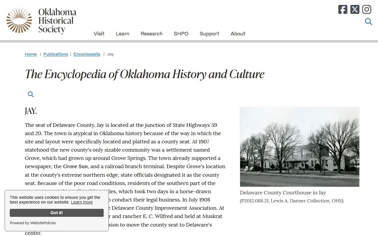 Jay Oklahoma Historical Society entry near Delaware County court records