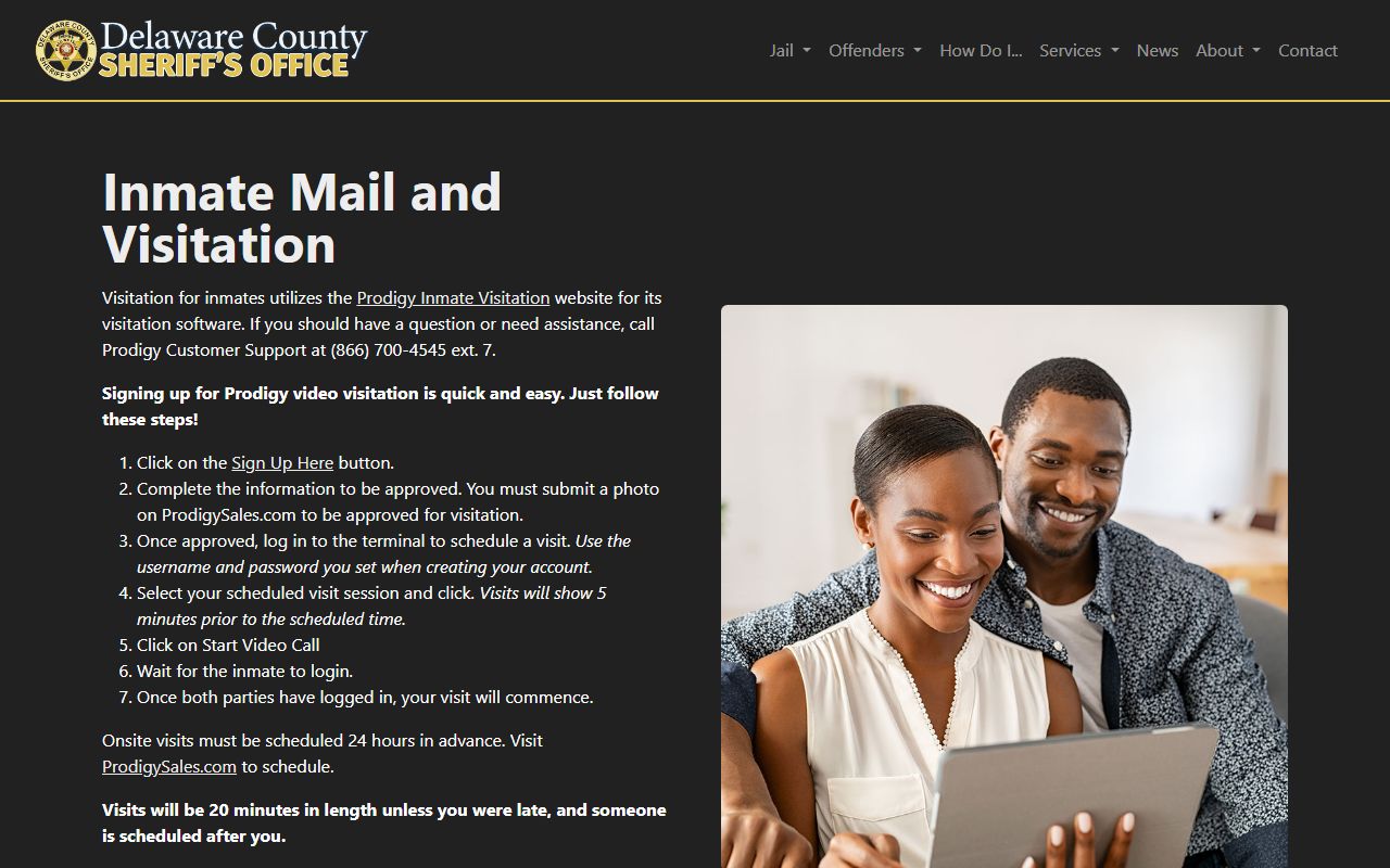 Delaware County jail inmate mail and visitation rules page