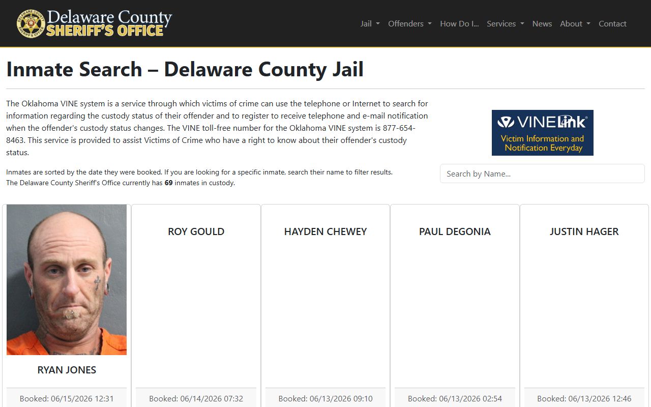 Delaware County Sheriff inmate search and jail roster lookup page