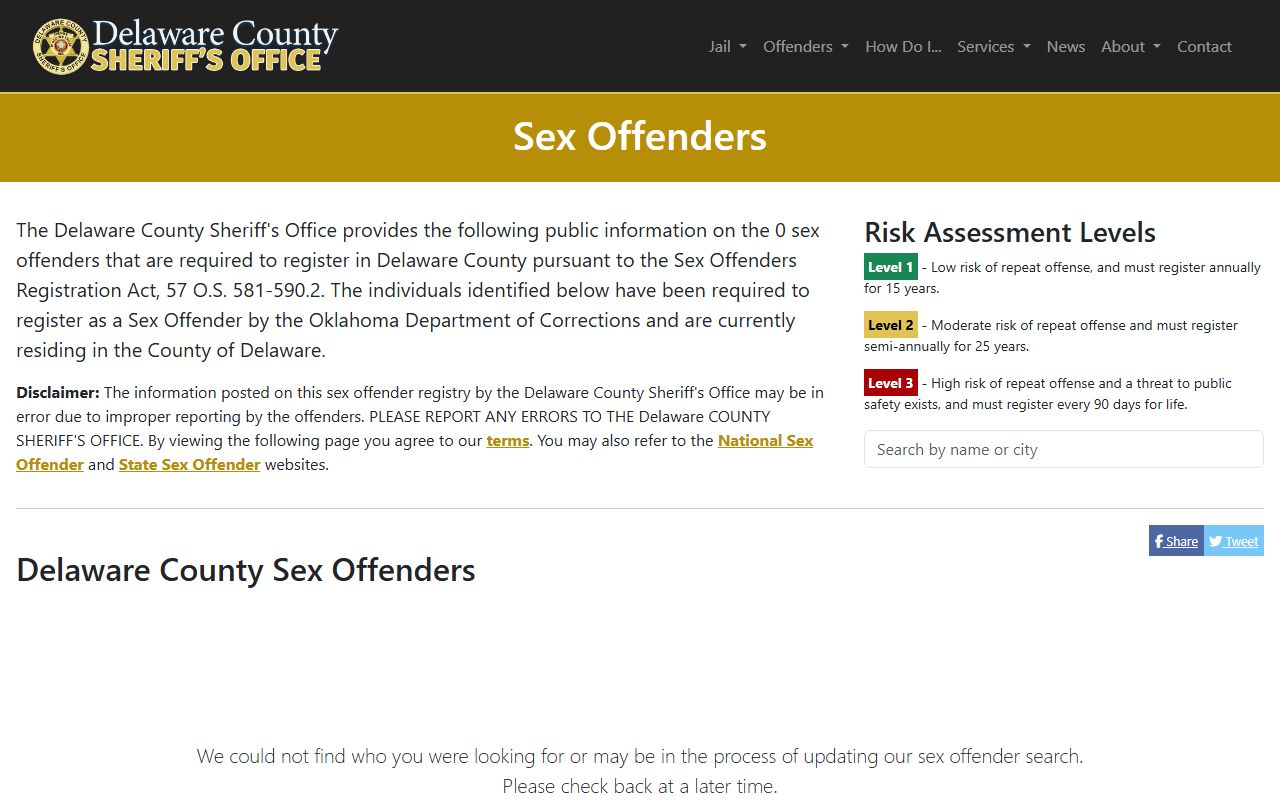 Delaware County Sheriff sex offender information page tied to jail and inmate records