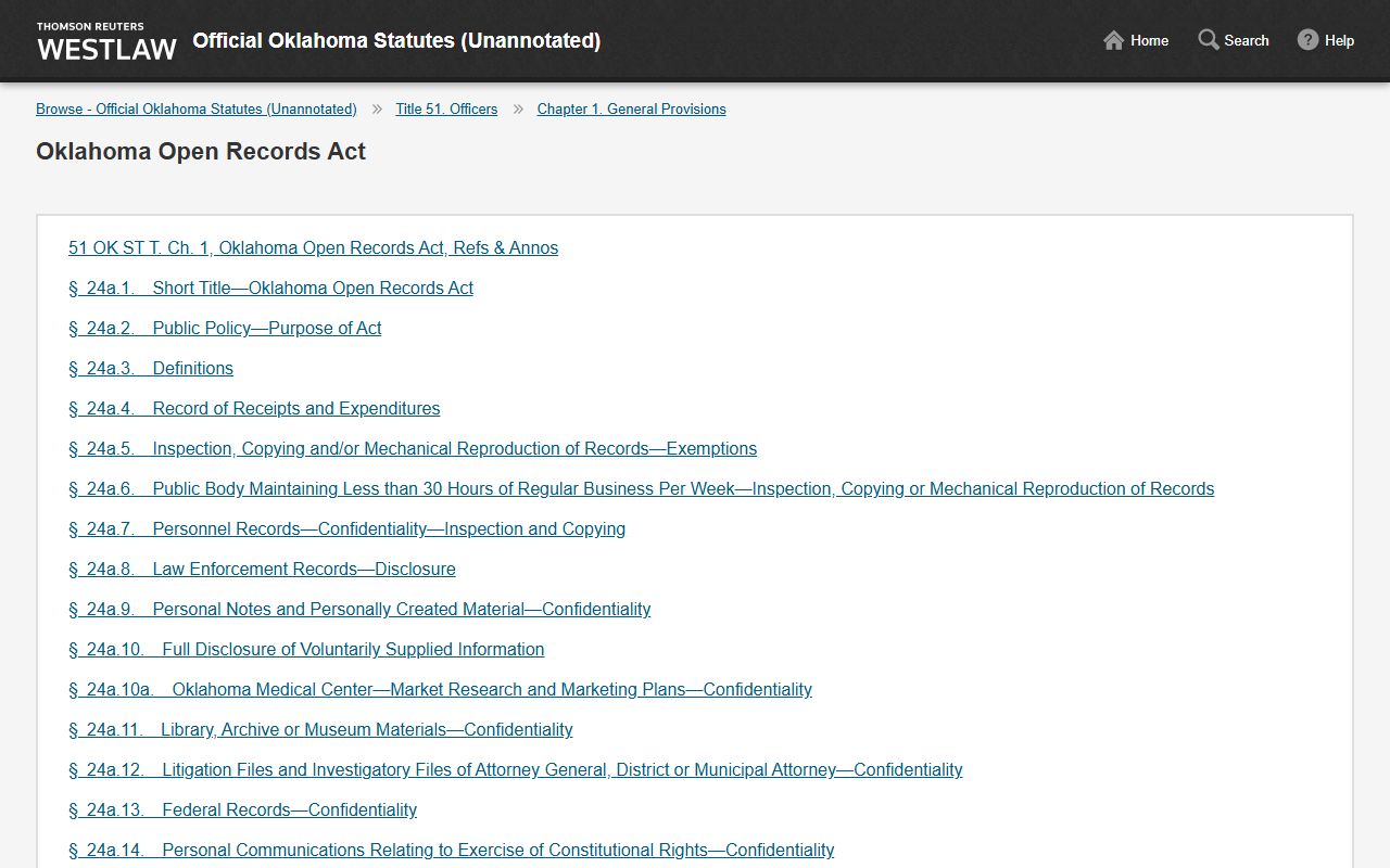 Oklahoma Open Records Act statute page governing Delaware County marriage and divorce records