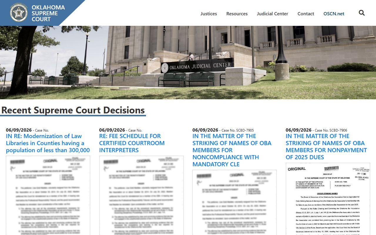 Oklahoma Supreme Court page atop the court system that handles Delaware County probate records