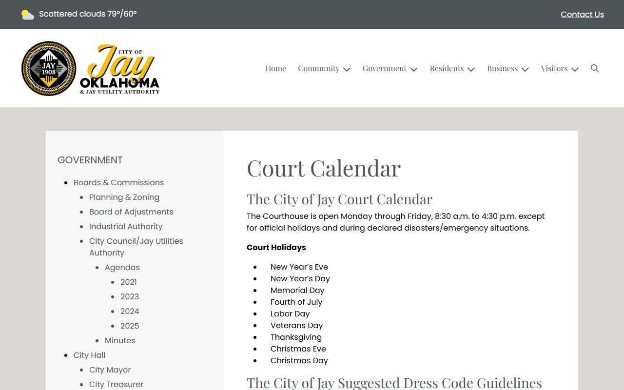 Jay Municipal Court calendar page for Delaware County traffic court records and hearing dates