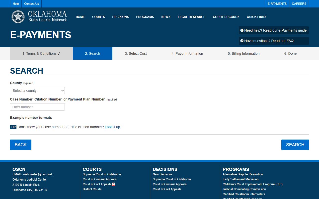 Oklahoma court e-payments page for paying Delaware County traffic court records and citations