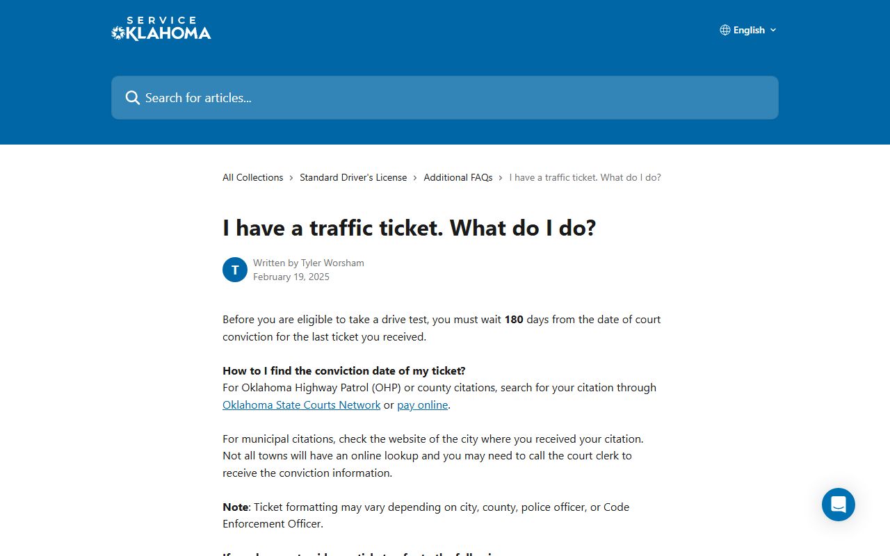 Service Oklahoma help page explaining Delaware County traffic court records citation lookups