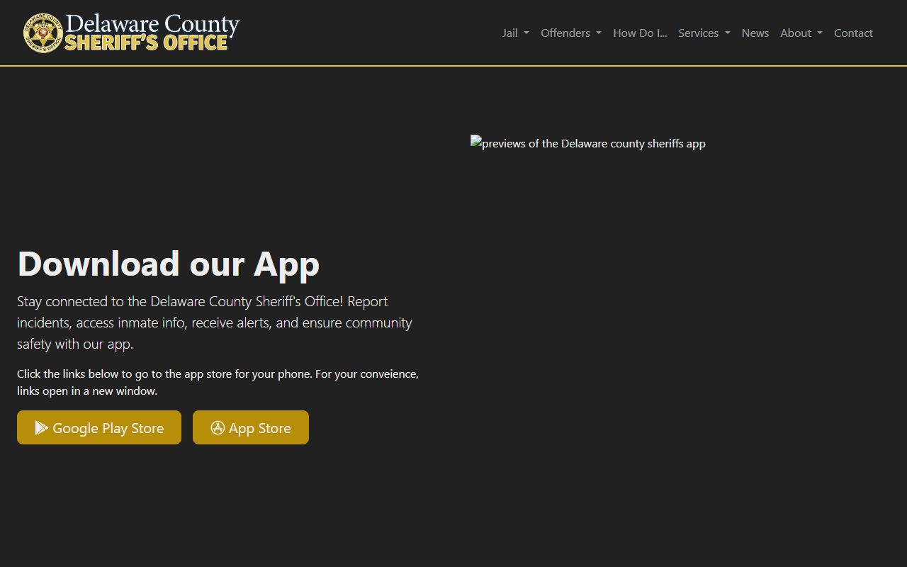 Delaware County Sheriff app feature page showing wanted persons and warrant tips