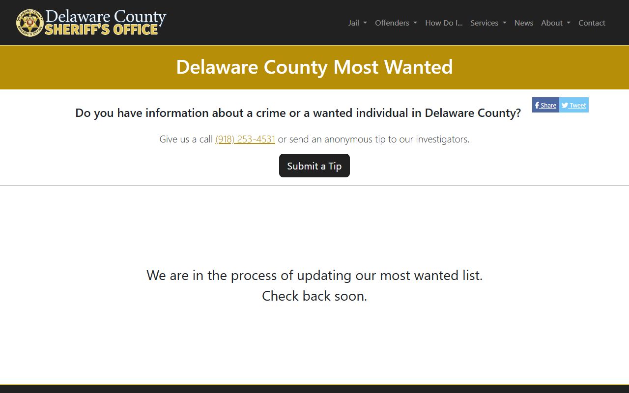 Delaware County Sheriff Most Wanted page listing warrants and wanted persons